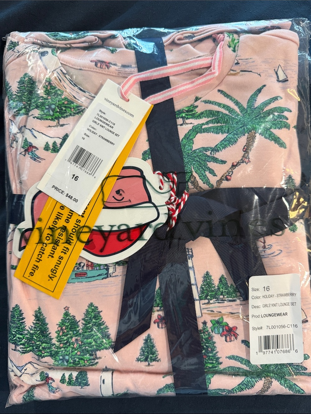 Vineyard Vines Pink Holiday Palm & Pine Kids Pajama Set